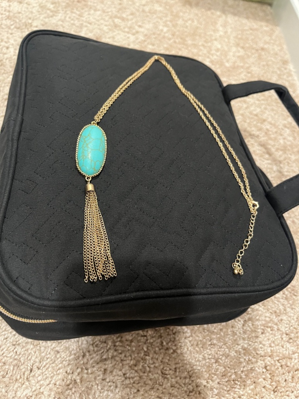 Gold Long Necklace with Turquoise Oval Pendant - Picture 2 of 4